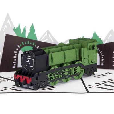 Steam Train 3D Pop Up Birthday Christmas Greetings Card Close Up Green Black and Red Flying Scotsman Inspired Vintage Train with pop-up Bridge & Mountain Background