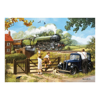 LNER Class V2 Steam Train 4791 and Austin 7 Ruby Jigsaw Puzzle 1000 Piece Image of Completed Puzzle Showing Full Picture