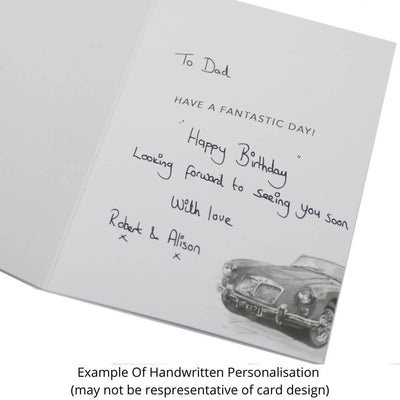 Handwritten Personalised Message Example for Classic Red Mini Car Birthday Card