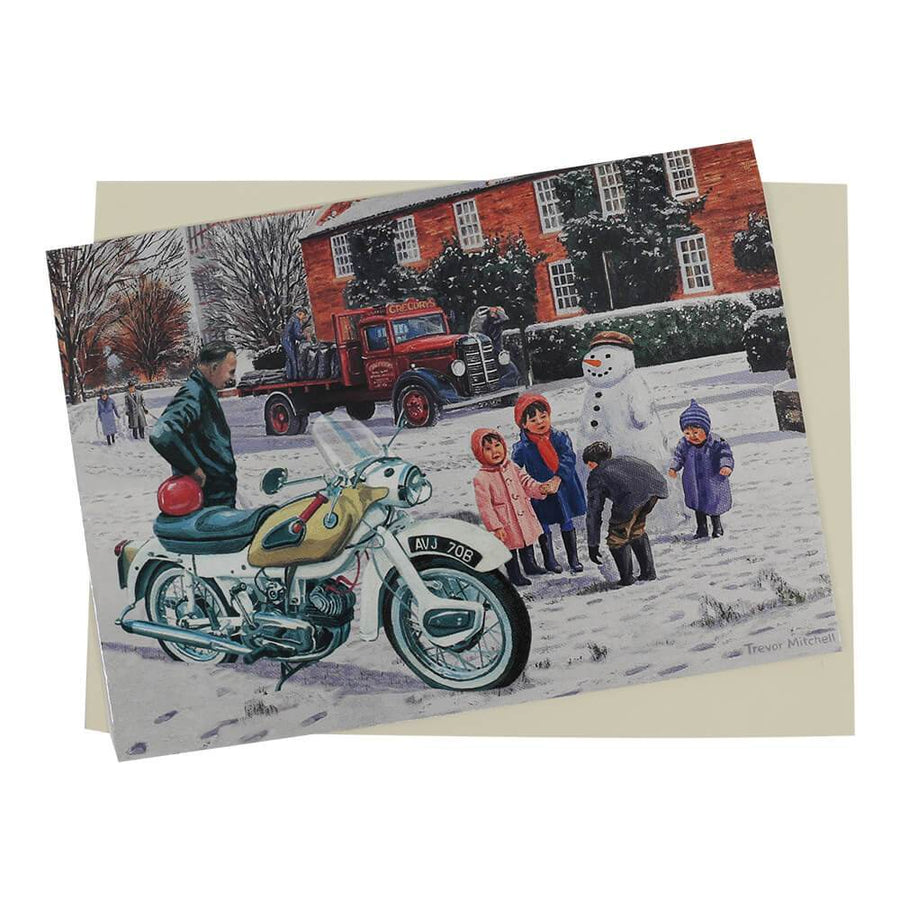 This picturesque Motorcycle Christmas card features a vintage Ariel motorbike next to a snowman.