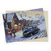 This traditional style Morris Minor Christmas card features a Morris classic car a festive snow-covered village setting.