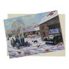 This traditional style Fergusion tractor Christmas card features a grey Fergie TE20 tractor in a snow-covered farmyard next to series II Land Rover.