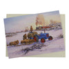 This traditional style Fordson Major tractor Christmas card features a blue Major tractor in a snow-covered field surrounded by sheep who are being fed by the farmer. Also featuring a steam train in the background.