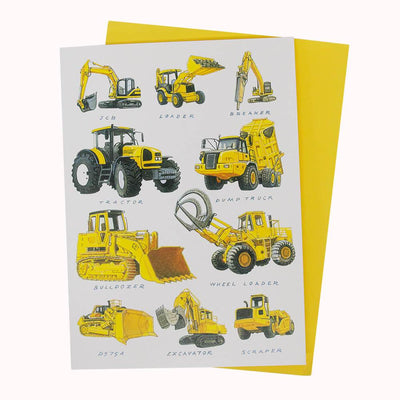 JCB Digger & Yellow Bulldozer Construction Vehicles Birthday Fathers Day Greetings Card