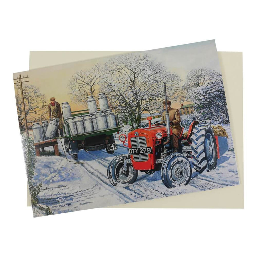This vintage Massey Ferguson tractor Christmas card features a red Fergie tractor on a snow-covered country lane next to truck off-loading milk churns.
