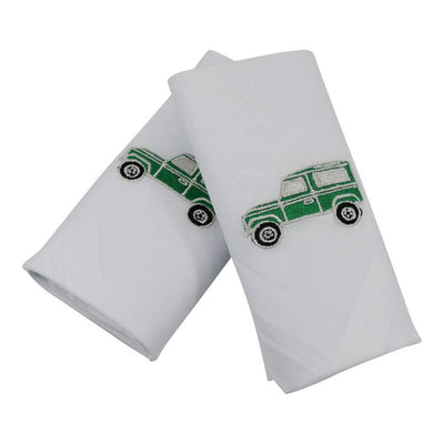 Land Rover Style Embroidered Handkerchief Set of 2 In White Cotton