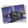 This vintage Steam Locomotive Christmas card features a nighttime scene of an LNER E4 Class 62794 engine at a small, snow, and ice-covered station.