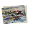This scenic Massey Ferguson tractor Christmas card features a red Fergie 35 tractor in a busy snow-covered period farmyard 