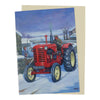 Vintage Red Massey Harris 744 Tractor Christmas Card on snow covered road with farmer driving